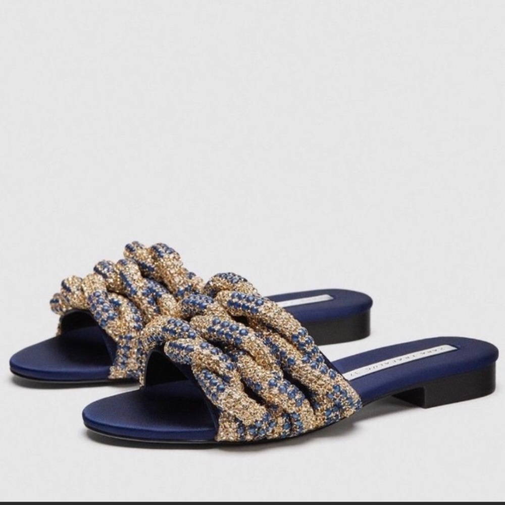 ZARA Braided Gem Encrusted Slides Sandals 6.5